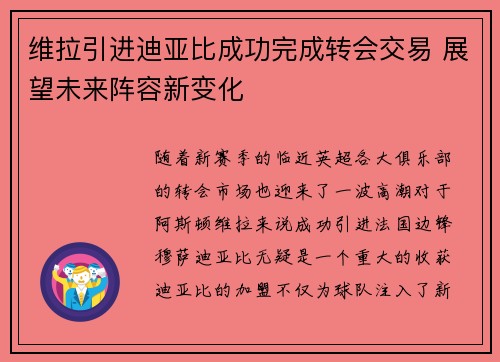 维拉引进迪亚比成功完成转会交易 展望未来阵容新变化