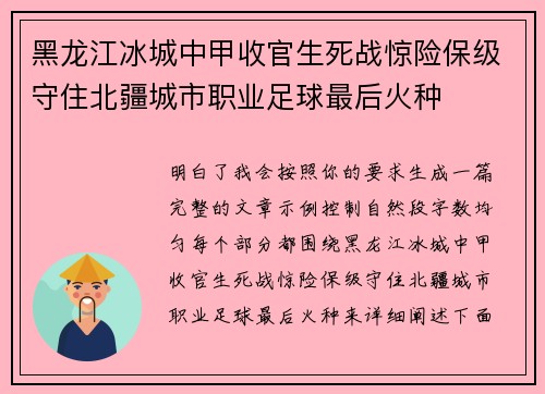黑龙江冰城中甲收官生死战惊险保级守住北疆城市职业足球最后火种
